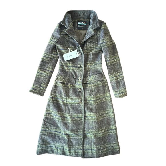 NEW Aporia.AS Wool Blend Plaid Brown Green Long Winter Coat XS leather trim - Picture 1 of 9